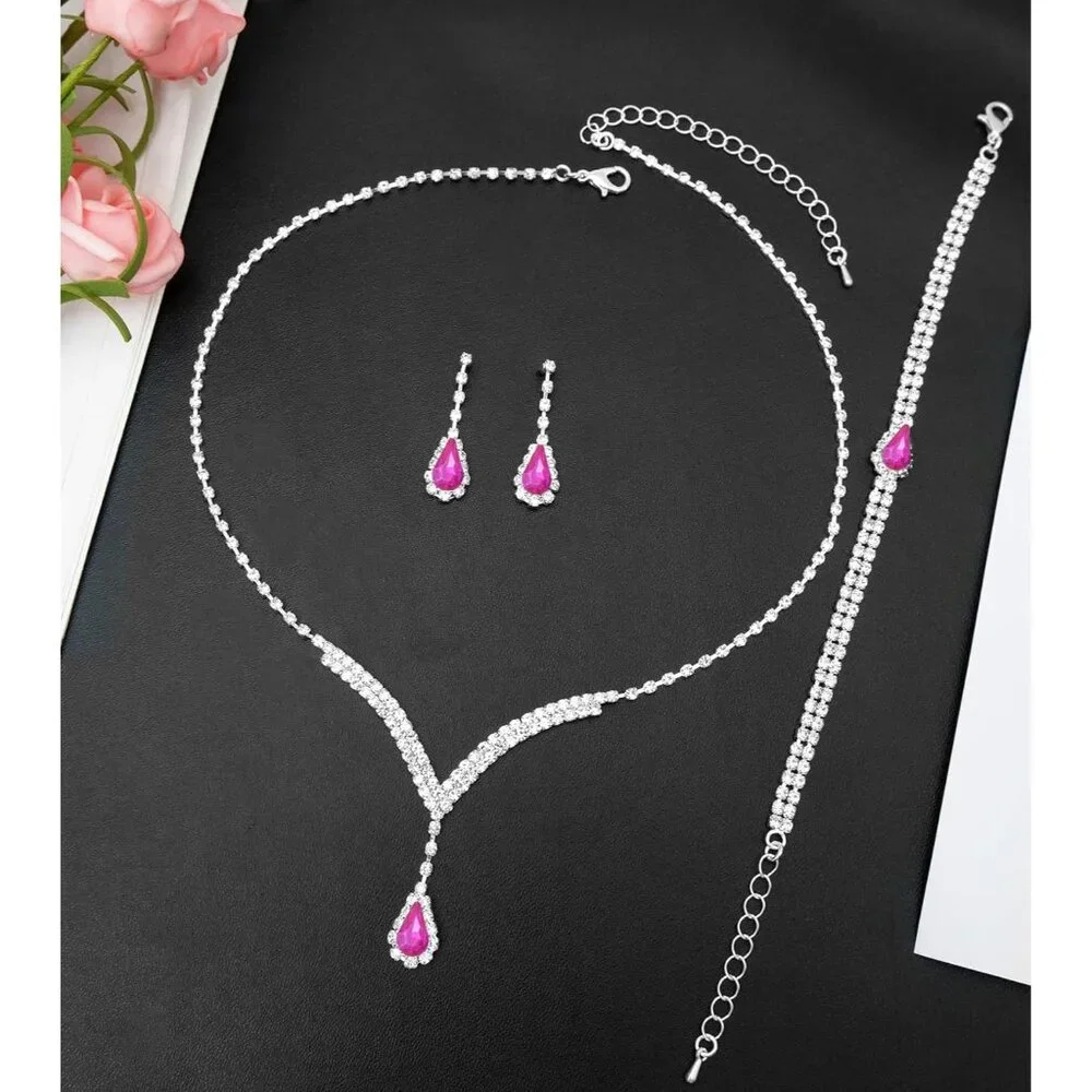 V-shape Crystal Wedding Jewelry Set for Women Bridal Necklace Earrings Bracelet - Picture 3 of 6